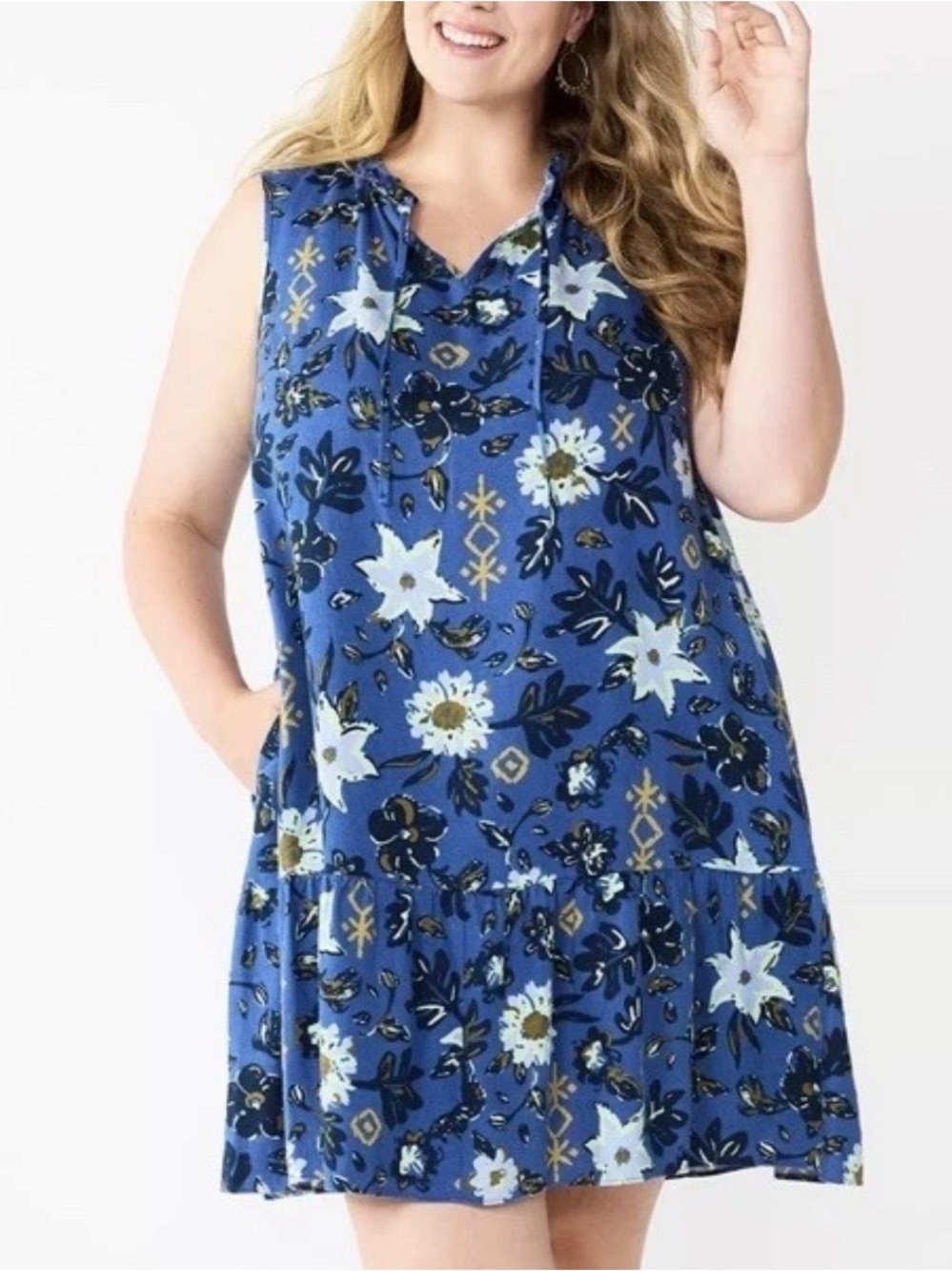 Sleeveless Blue Floral Boho Swing Dress